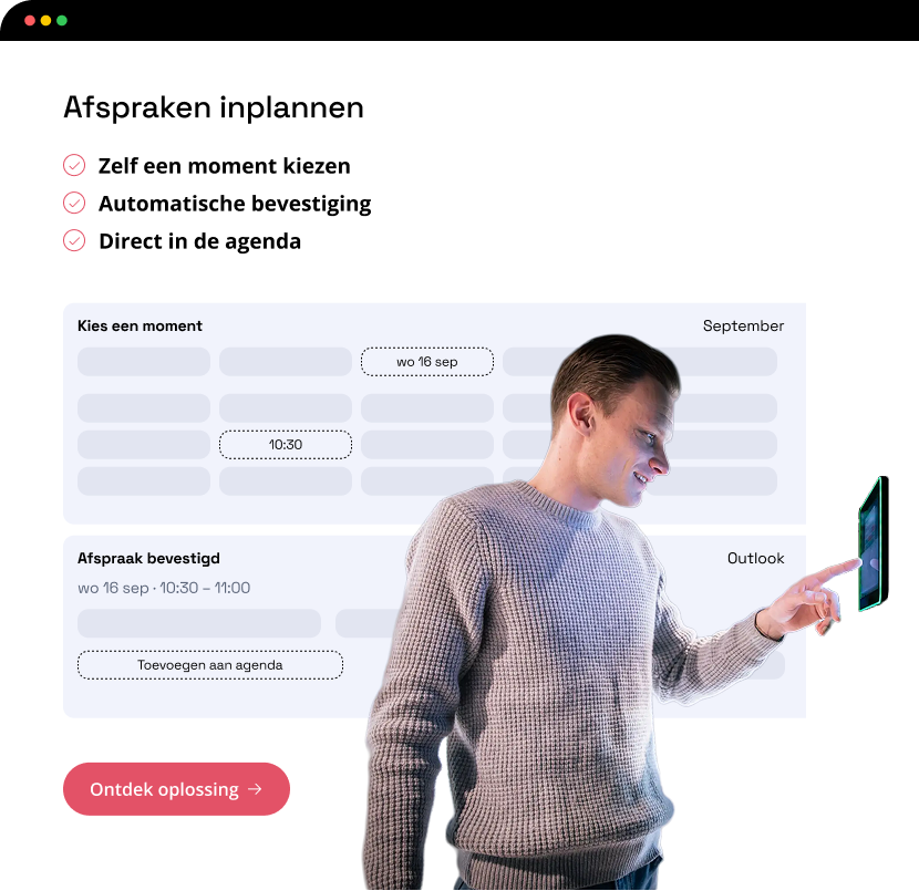 Man in een trui plant een afspraak in door op een zwevende tablet te tikken.