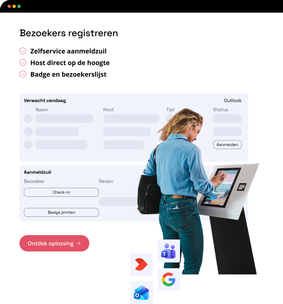 Vrouw gebruikt een zelfservice aanmeldzuil om zich als bezoeker te registreren.