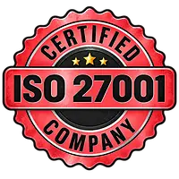 Rood zegel met de tekst "ISO 27001 Certified Company" en drie sterren.