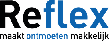 Logo van Reflex met de tagline "maakt ontmoeten makkelijk".
